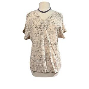 Hayden Los Angeles Womens Beige & Blue Crackle Pattern Short Sleeve Blouse Top S